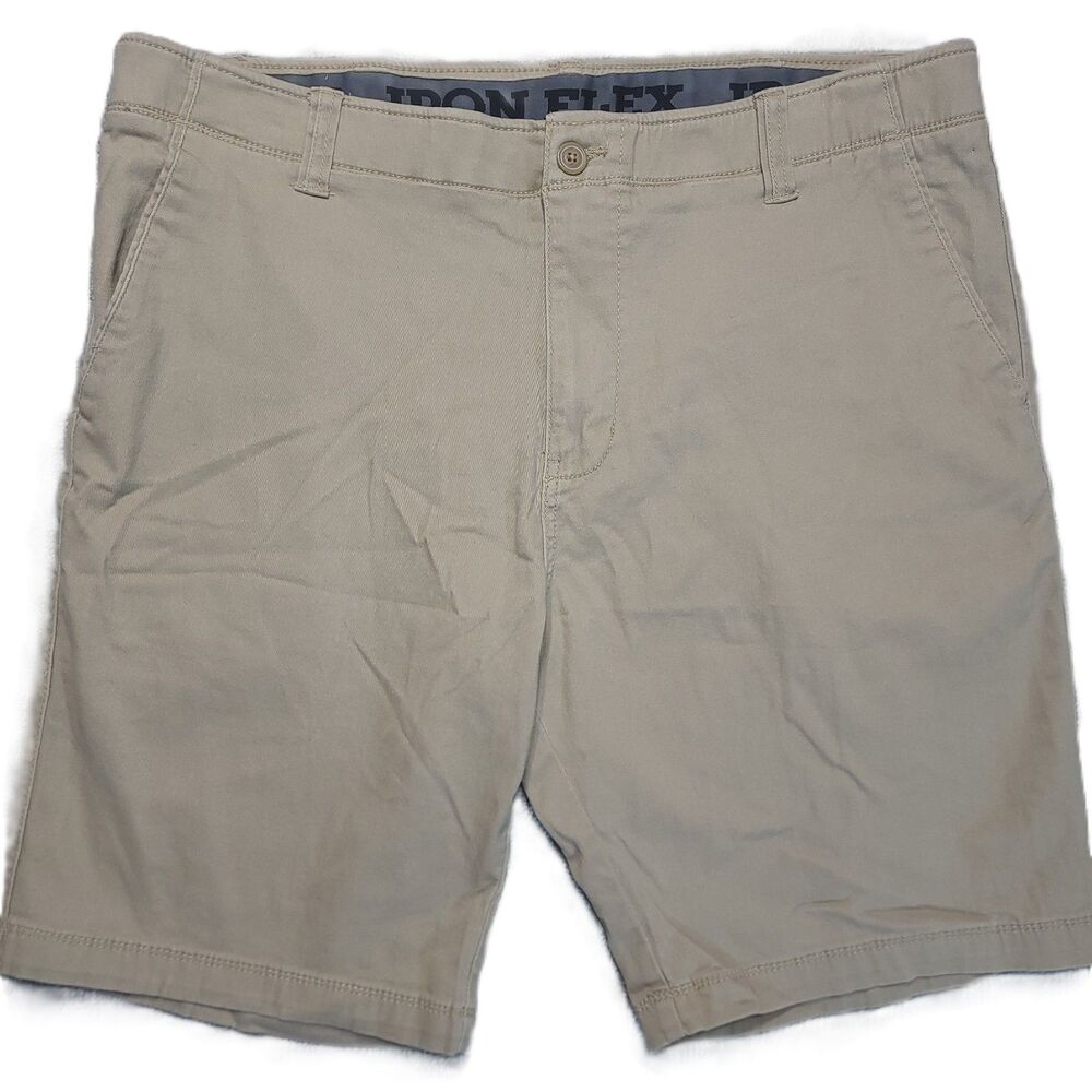Iron Co. Flex Mens 38 Shorts Chino Beige Stretch Comfort Waist 10" Inseam